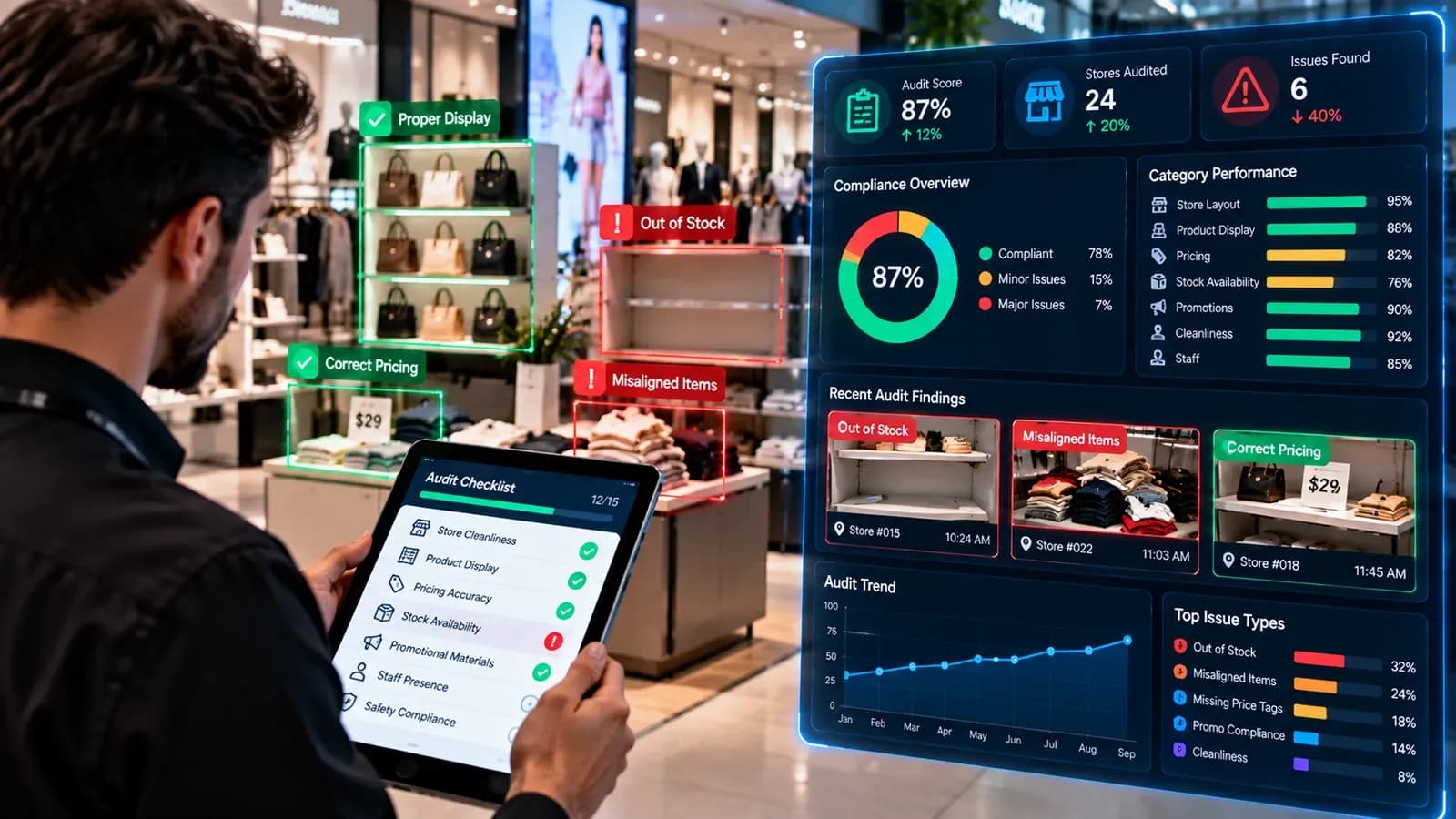 Un auditeur contrôle un magasin sur tablette ; le tableau de bord signale ruptures, prix et présentation