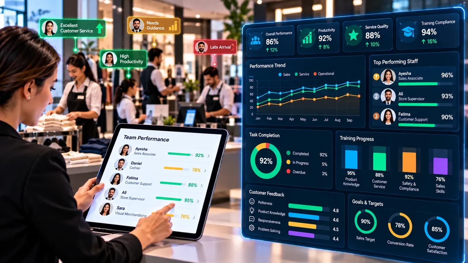 Une manager suit la performance de son équipe en magasin : productivité, formation et qualité de service